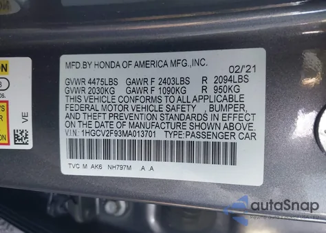 2021 Honda Accord Touring from USA, damaged, VIN 1HGCV2F93MA013701